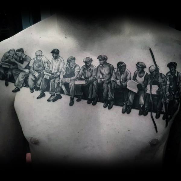 Chest tattoo of iconic steelworkers eating on a beam, inspired by "Lunch atop a Skyscraper," symbolizing hard work, unity, and resilience.