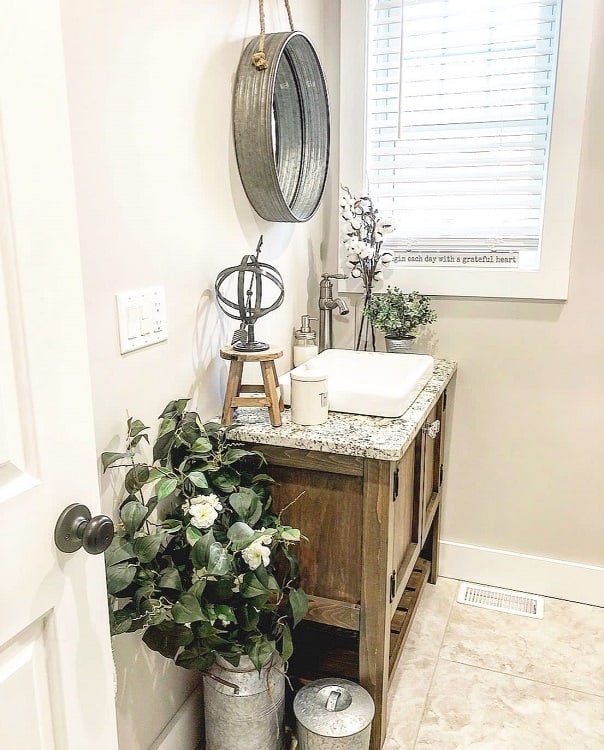 Cozy farmhouse bathroom with a rustic vanity, round mirror, and potted plants