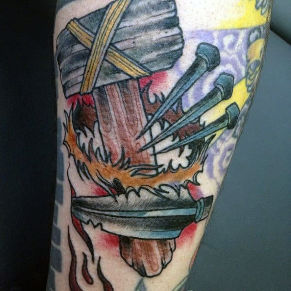 Vintage Hammer With Nails And Arrow Mens Old School Arm Tattoo