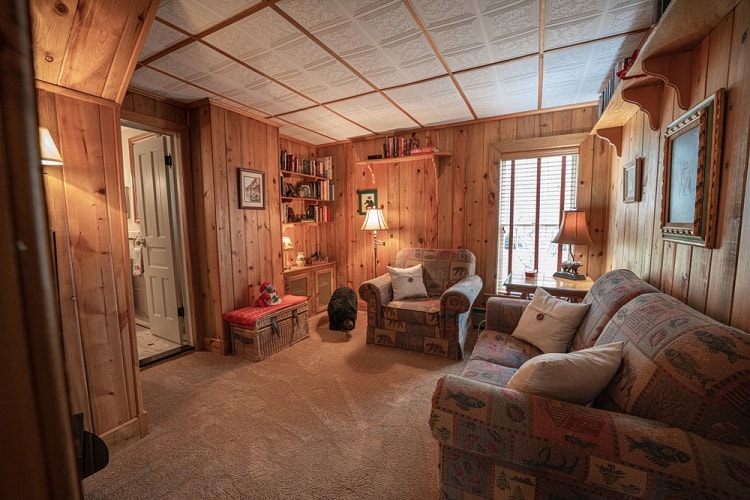 The ceiling features vintage-style tiles with a textured design, complementing the cozy, rustic ambiance of the wooden-paneled room
