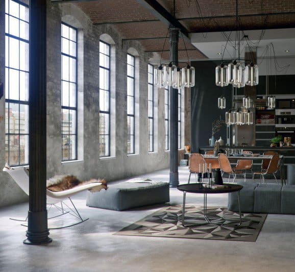 Loft-style living space with large windows, industrial decor, and modern dining area.