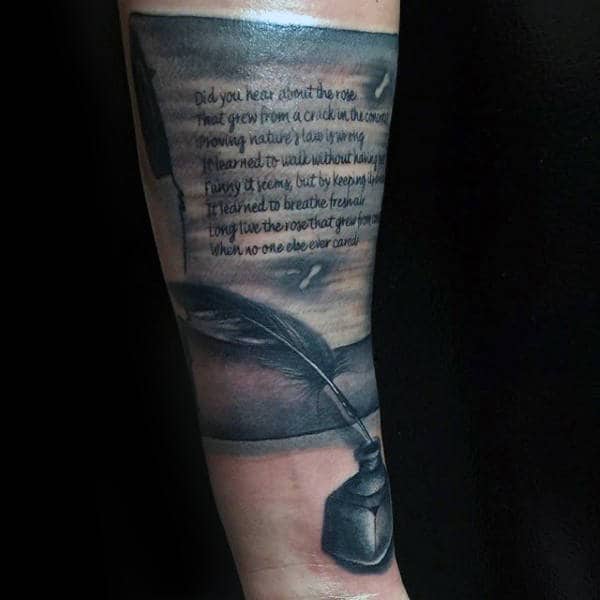 Vintage Ink Pen With Scroll Mens Tattoo Design On Inner Forearm