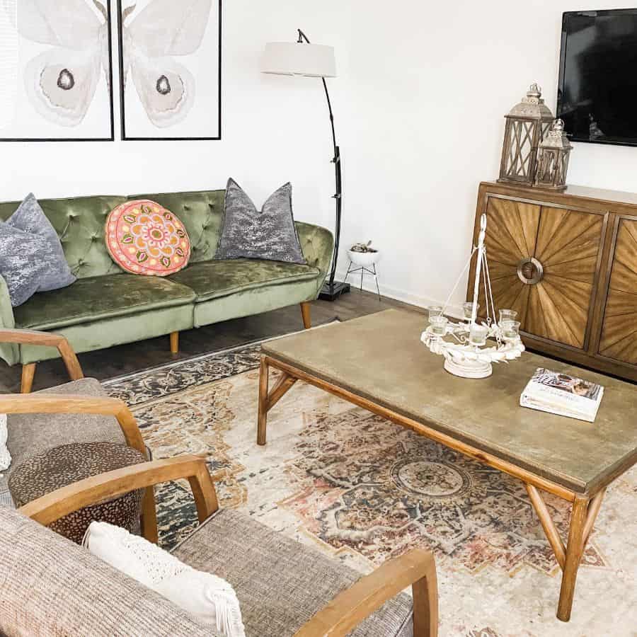 retro living room with green vintage sofa 