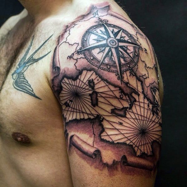 Vintage Map With Nautical Star Travel Quarter Sleeve Tattoos For Guys