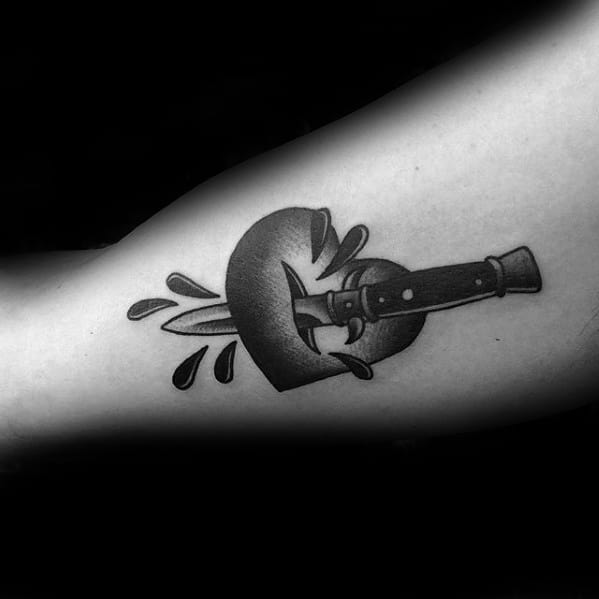 Vintage Masculine Switchblade Through Heart Forearm Tattoos For Men