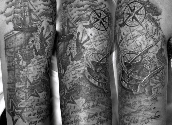 Vintage Mens World Map Tattoo With Compass Rose And Quote