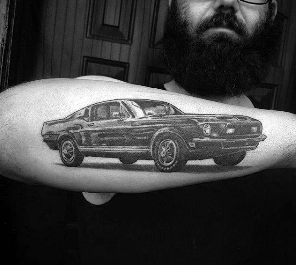 Vintage Muscle Car Guys Mustang Coupe Tattoo Design On Outer Forearm