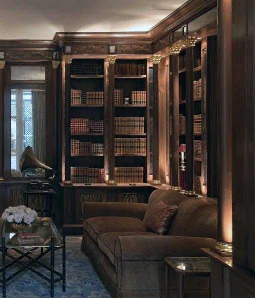Elegant library with wooden bookshelves, vintage books, a brown sofa, and a decorative gramophone