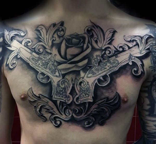 Vintage Pistol Filigree Mens Chest Tattoos
