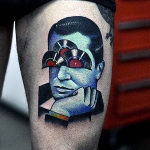 Vintage Records With Male Portrait Unusual Thigh Tattoos For Men