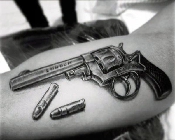 Vintage Revolver Bullet Tattoos For Men On Bicep