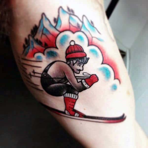 Vintage Skiing Guys Inner Arm Tattoo Design Ideas