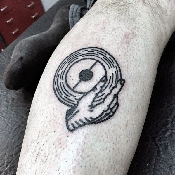 Vintage Small Leg Calf Guys Tattoos With Vinyl Record Design