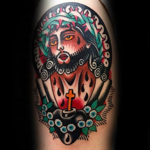 Vintage Traditional Jesus Guys Arm Tattoo