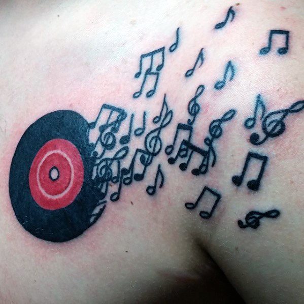 Vinyl Record Guys Tattoo Designs With Music Notes On Chest