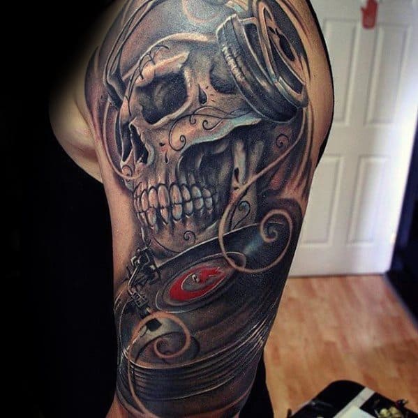 Vinyl Record Guys Tattoos Half Sleeve With Day Of The Dead Skull Design