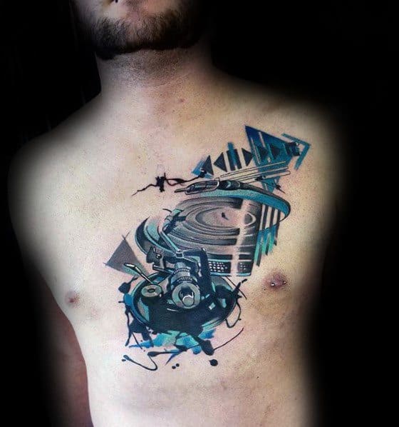 Vinyl Record Male Tattoo Designs Abstract Watercolor Chest