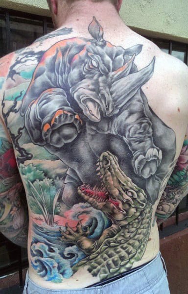 Violent Alligator Tattoo On Back For Males