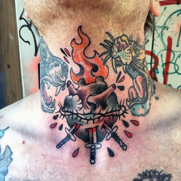 Bold throat tattoo of a flaming heart wrapped in barbed wire, pierced by three daggers, with blood drops and surrounding fierce animals