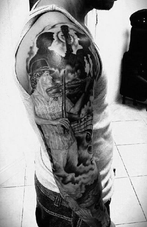 Violin Full Guys Dark Black Ink Sleeve Tattoo Designs