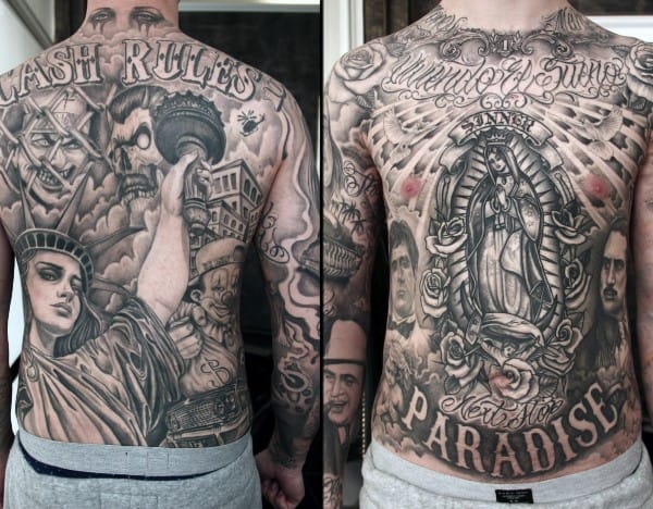 Tattoo with religious and street-style elements, featuring 3 dots tattoos, the Virgin Mary, Statue of Liberty, skulls, and bold lettering