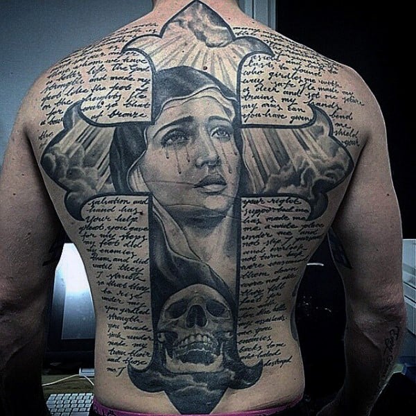 Virgin Mary Cross Guys Bible Script Back Tattoos