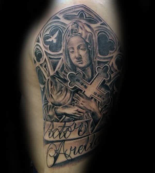 Virgin Mary Holding Cross With Church Windows Mens Half Sleeve Tattoos