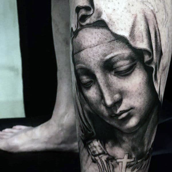 Virgin Mary Portrait Male Lower Leg Tattoo Ideas