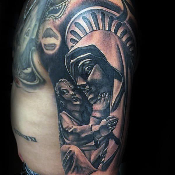 Virgin Mary With Baby Jesus Mens Half Sleeve Tattoo