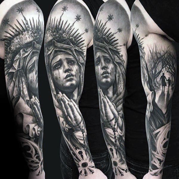 Virgin Mary With Rosary Amazing Guys Full Sleeve Tattoo
