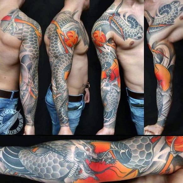 Viscious Grey Birds And Orange Blast Japanese Sleeve Tattoo Males