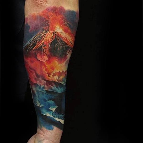 Volcano Erupting With Lava Realistic Forearm Sleeve Tattoo Design Ideas For Males