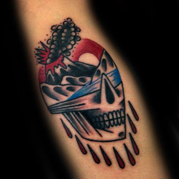 Volcano Skull Head Traditional Old School Guys Arm Tattoo Designs