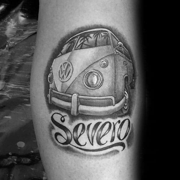 Black and gray tattoo of a Volkswagen van with palm trees reflected in the windows, featuring the name "Severo" in elegant script below.