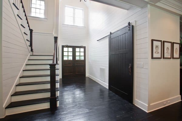 wainscoting white panels stairway sliding barn door