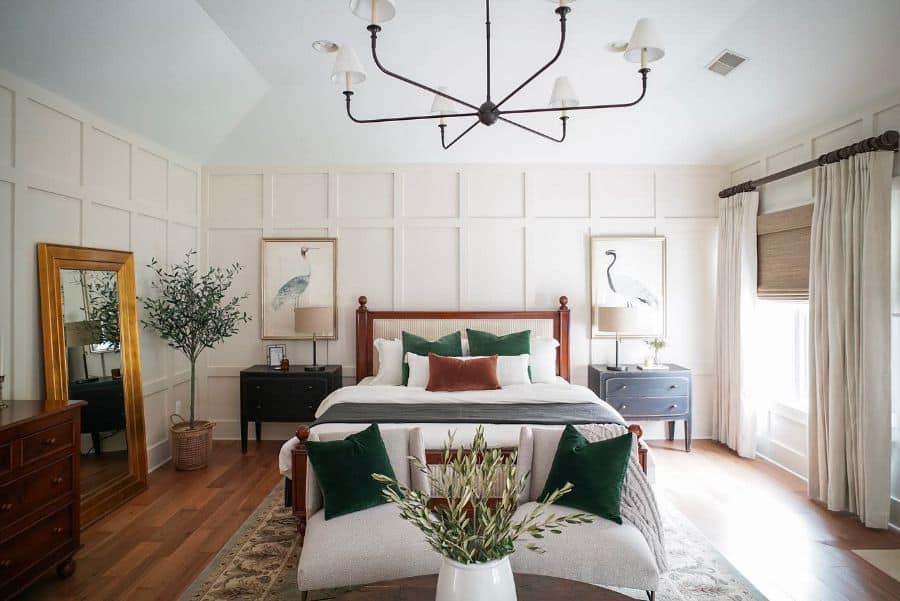 vintage bedroom white wall paneling sputnik chandelier