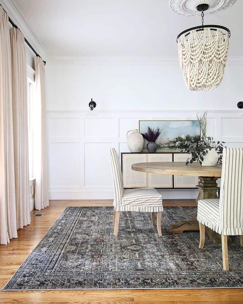 farmhouse style dining room white wall paneling