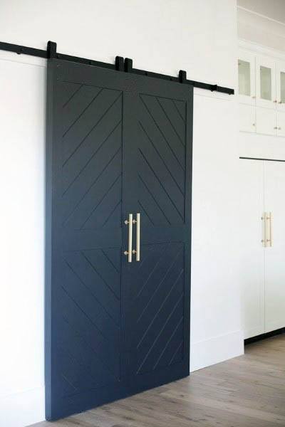 Black sliding barn closet door with chevron pattern and gold handles on white wall