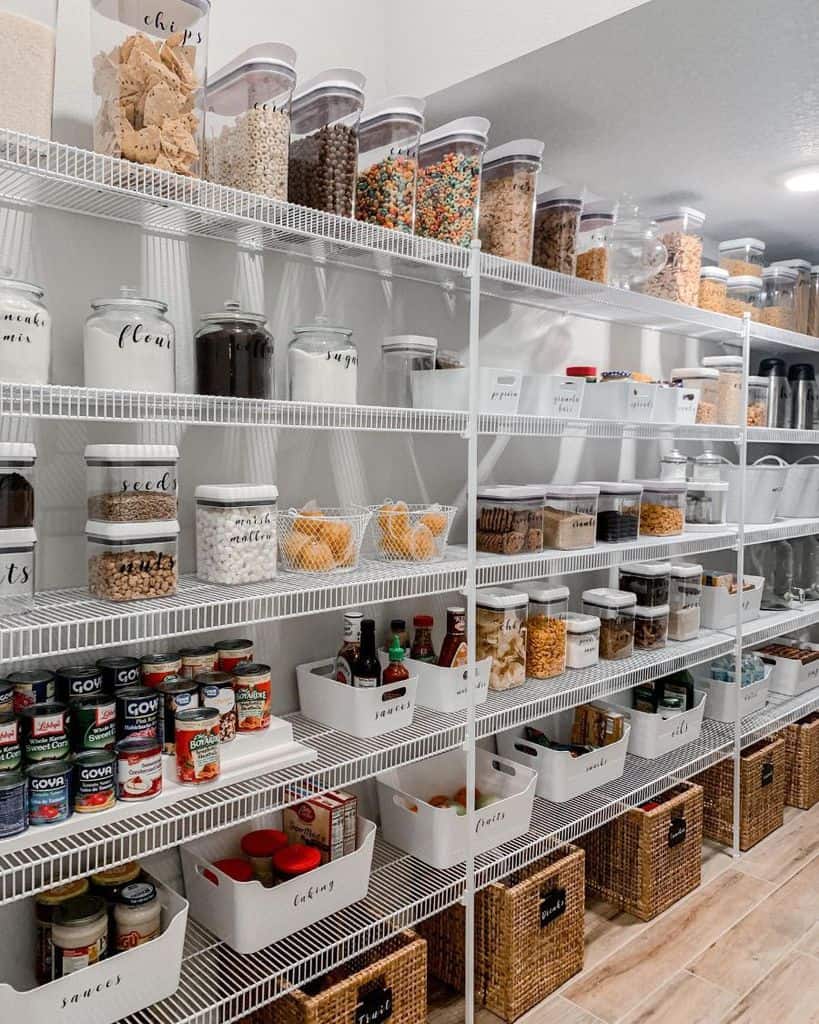 long white narrow shelving in walk-in pantry