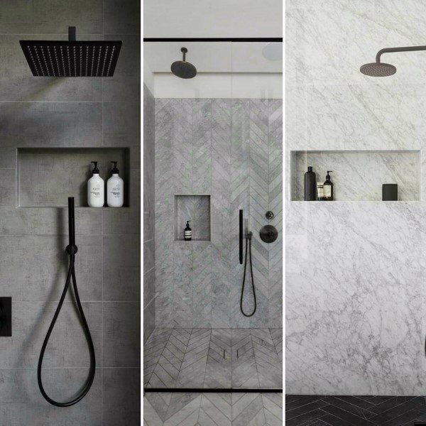 Modern showers with black fixtures, marble and herringbone tiles, and recessed shampoo shelves.