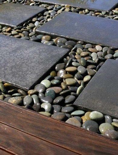 Modern walkway design featuring smooth river rocks between large dark stone slabs, creating a sleek and clean path