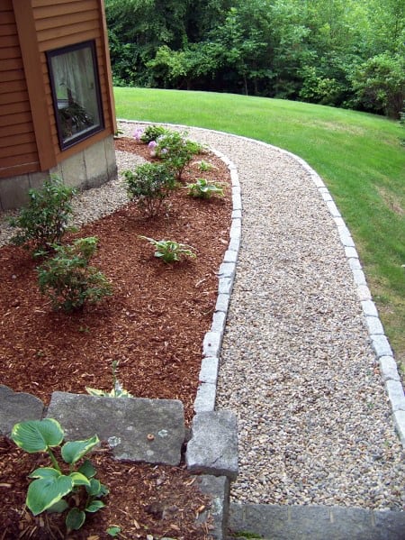A gravel walkway with stone edging, bordered by garden beds filled with mulch and plants, creating a clean and inviting path