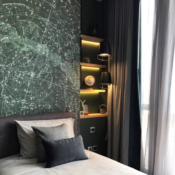 constellations wall art brown headboard led lighting green cabinet