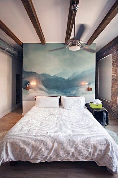 wall art headboard idea small loft bedroom exposed brick wall