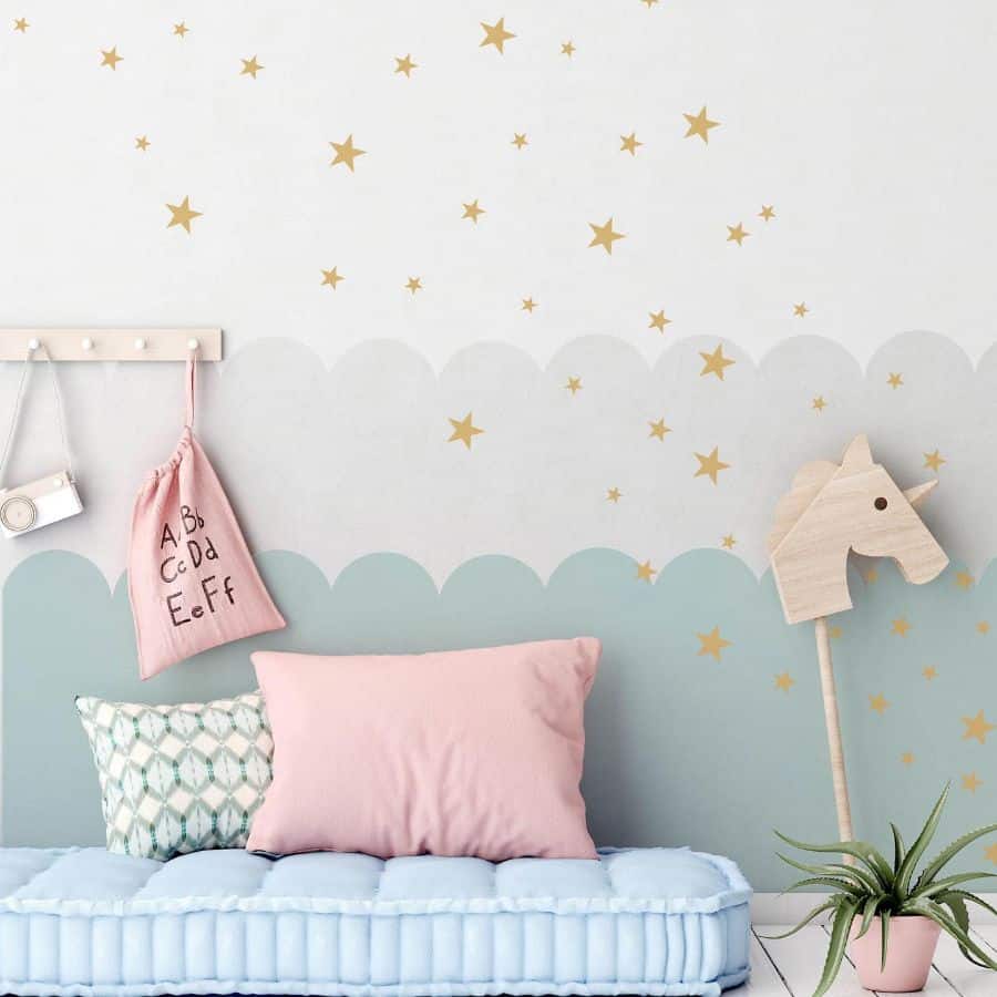 stars wall decal in kids room with blue mattress