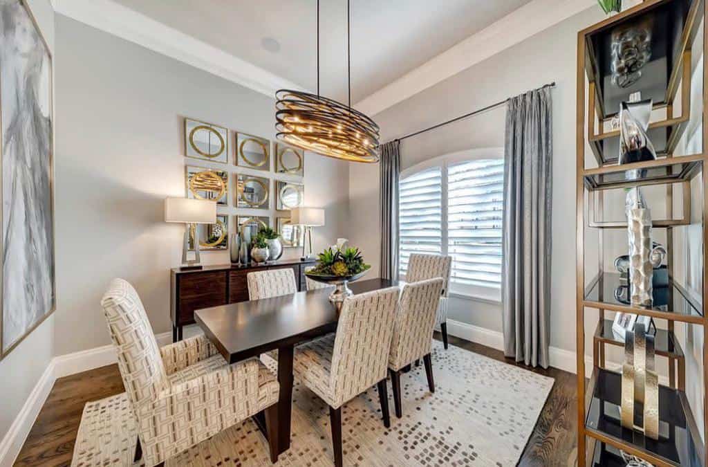 modern dining room pattern fabric chairs wood table abstract ceiling light