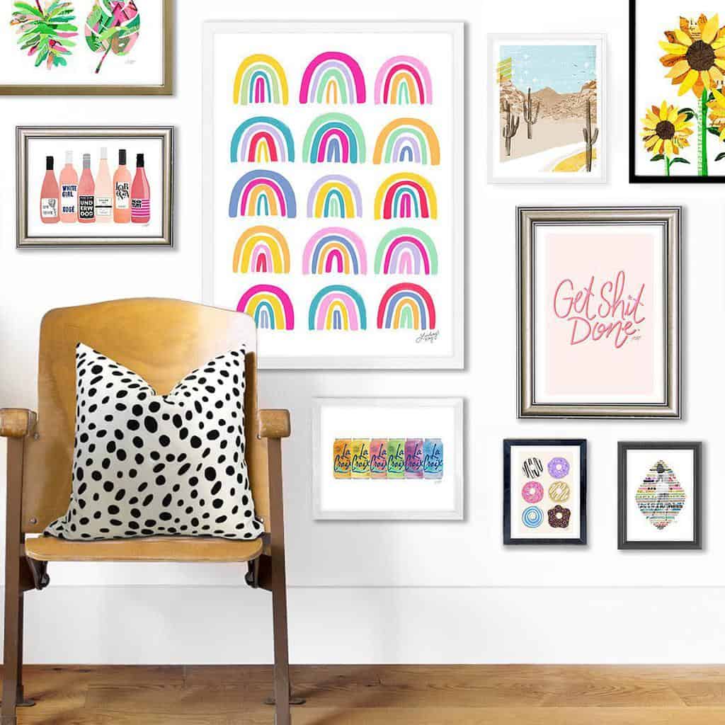 colorful framed wall art tan accent chair