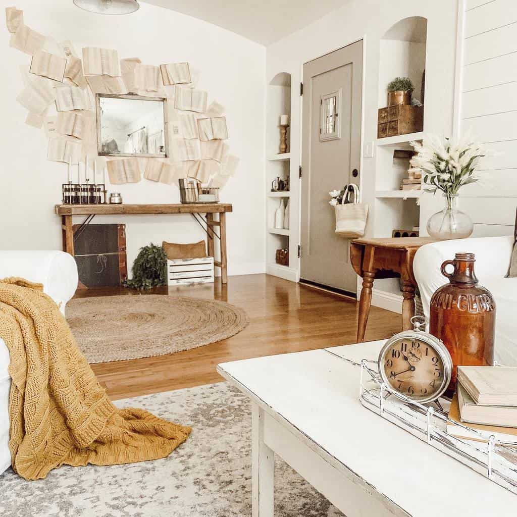 rustic living room with book page wall art surrounding mirror