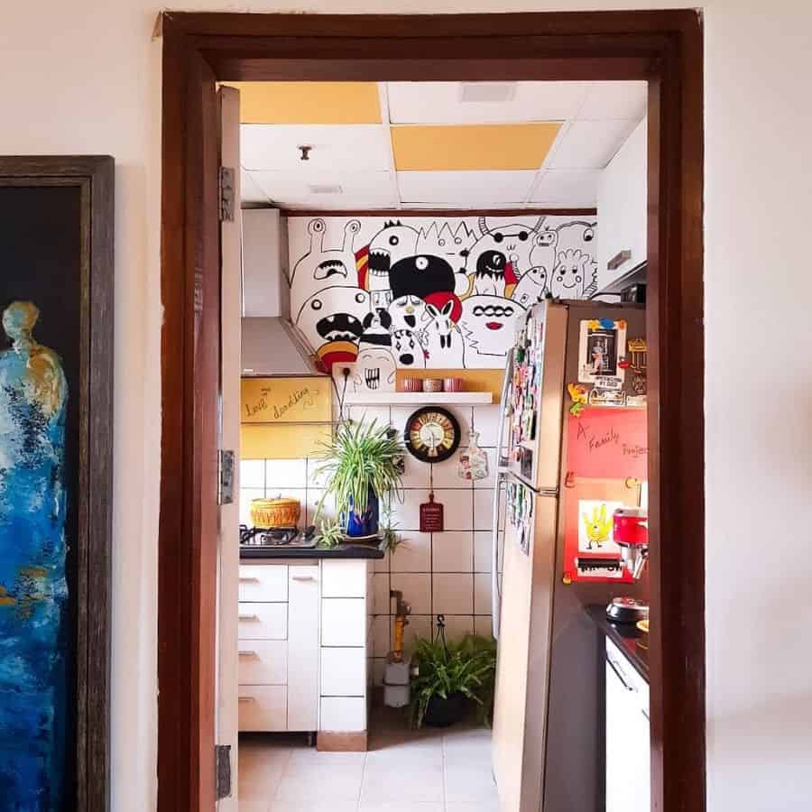 vibrant modern kitchen white tile walls cartoon wall art