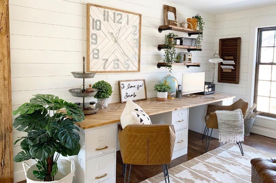 rustic office with shiplap walls and vintage decor
